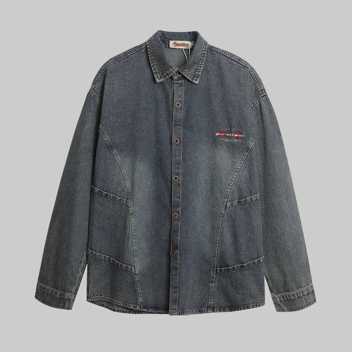 Spliced Retro Distressed Long Sleeve Denim Shirt