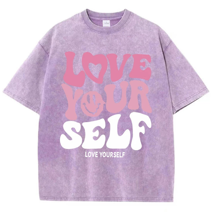 Washed "Love Your Self" Letter Print T-Shirt