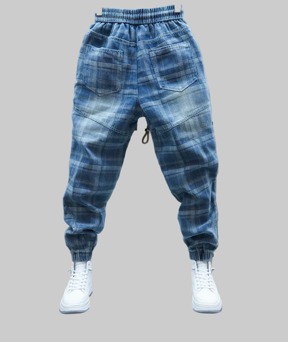 Plaid Patchwork Jogger Denim Pants