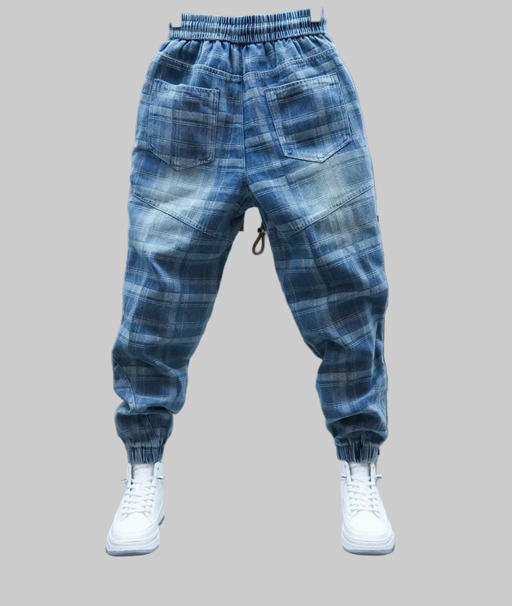 Plaid Patchwork Jogger Denim Pants