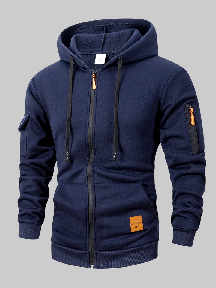 Kangaroo Pocket Solid Color Zipper Hoodie