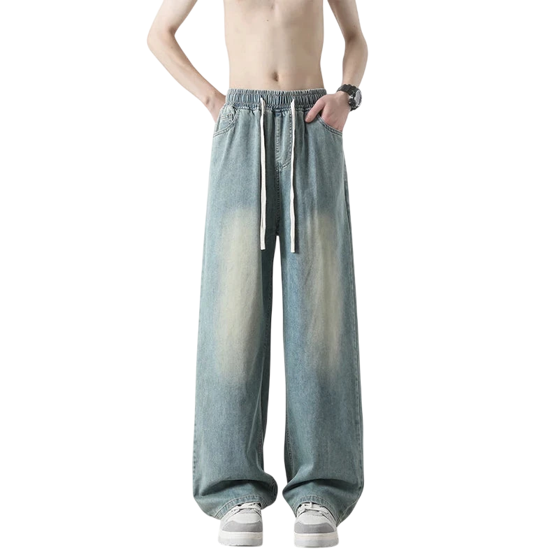 Lightweight Loose Fit Straight Leg Distressed Denim Jeans