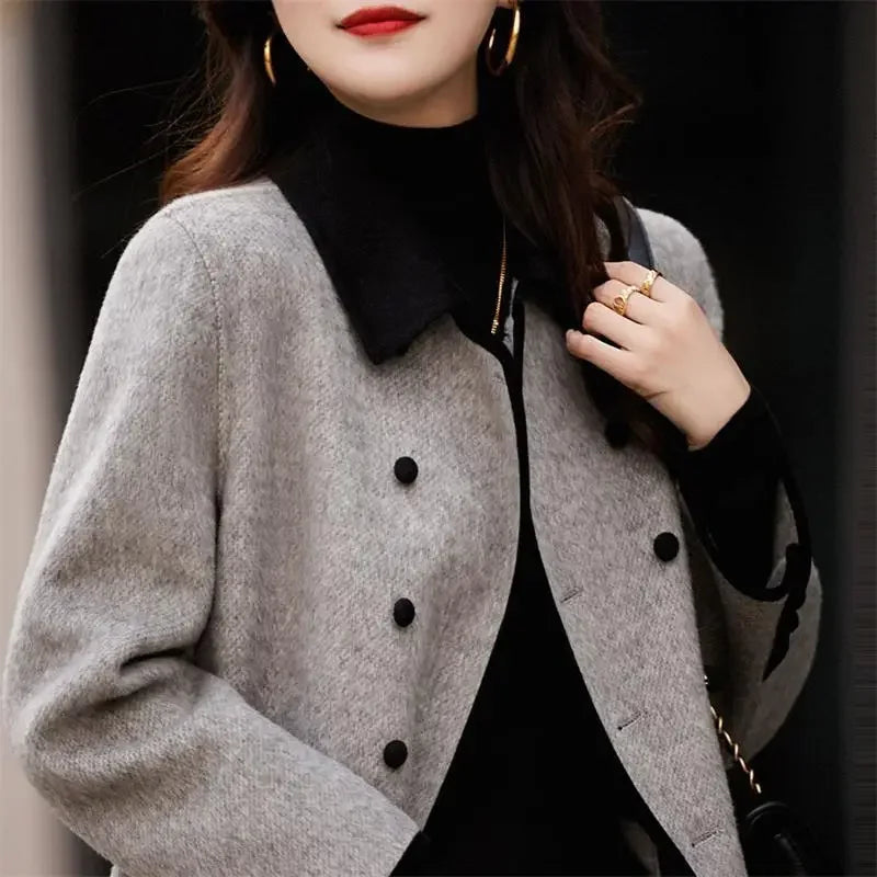 Color-Block Small Lapel Elegant Woolen Coat