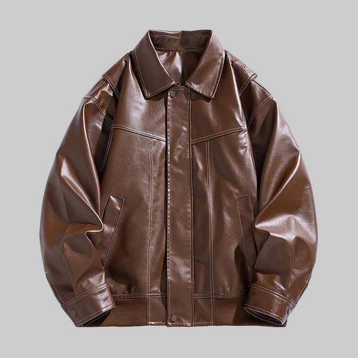 Retro Lapel Collar Loose Fit PU Leather Jacket