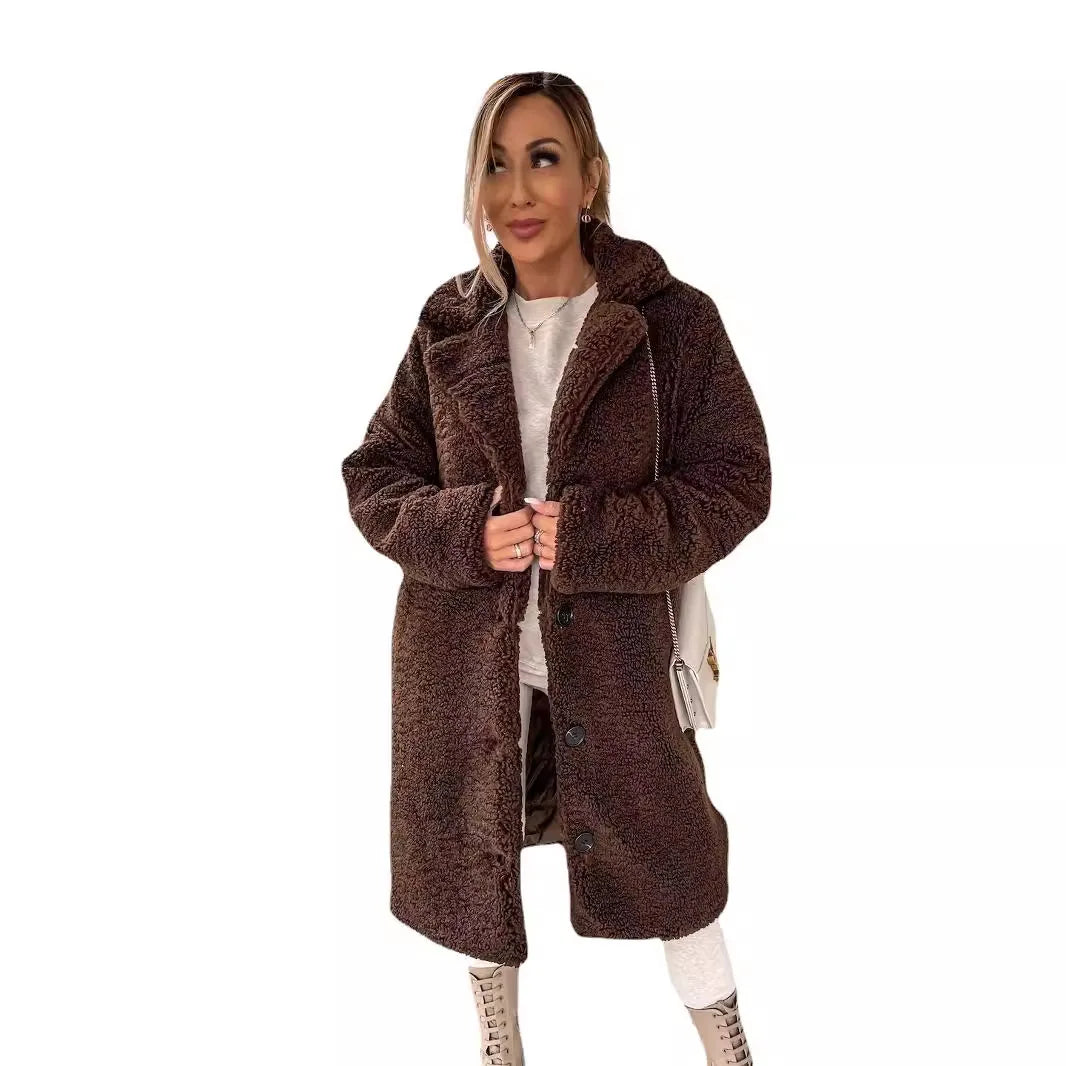 Plush Furry Button-Up Long Coat with Lapel