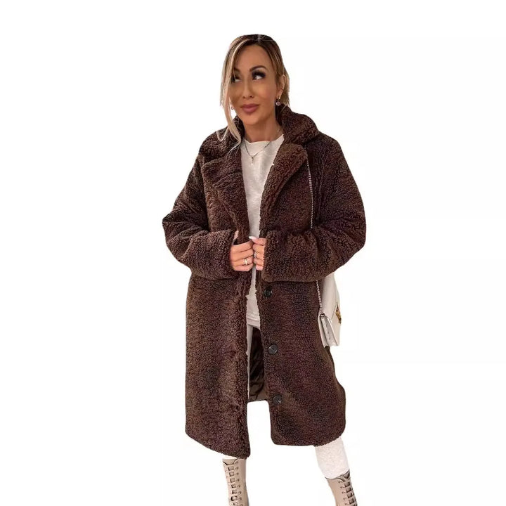 Plush Furry Button-Up Long Coat with Lapel