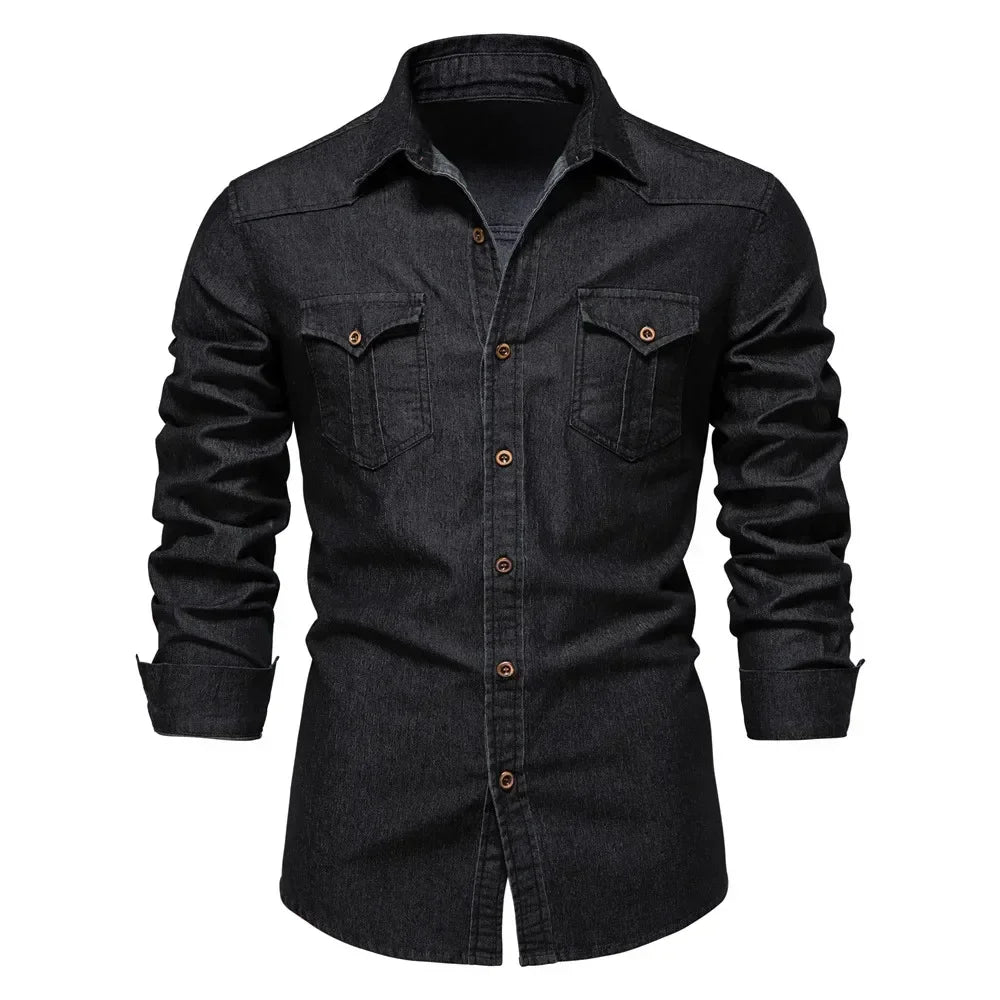 Elastic Slim Fit Long Sleeve Cotton Denim Shirt