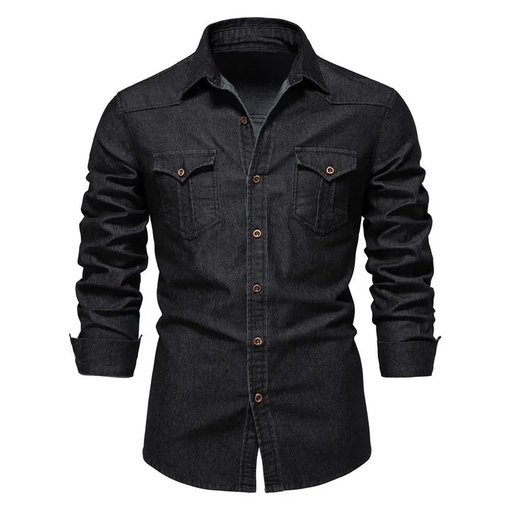 Elastic Slim Fit Long Sleeve Cotton Denim Shirt