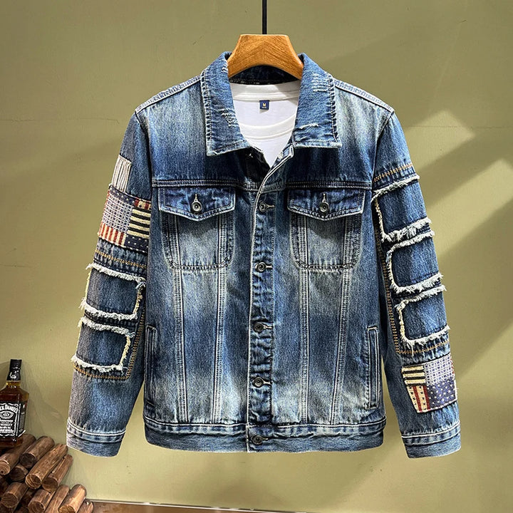 Retro Blue Patched Denim Jacket for Men