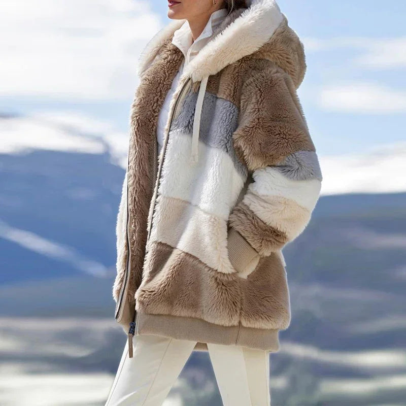 Hooded Thick Cashmere Zippered Plaid Winter Coat