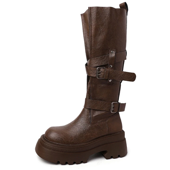 Retro Knee-High Belt Buckle Zipper Boots