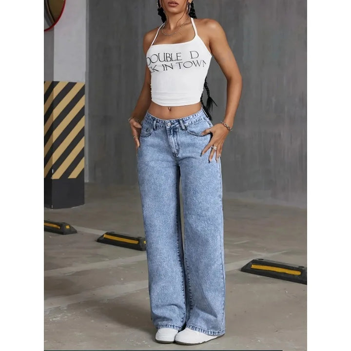 High-Waisted Wide Leg Denim Jeans with Bow Embroidered Pockets