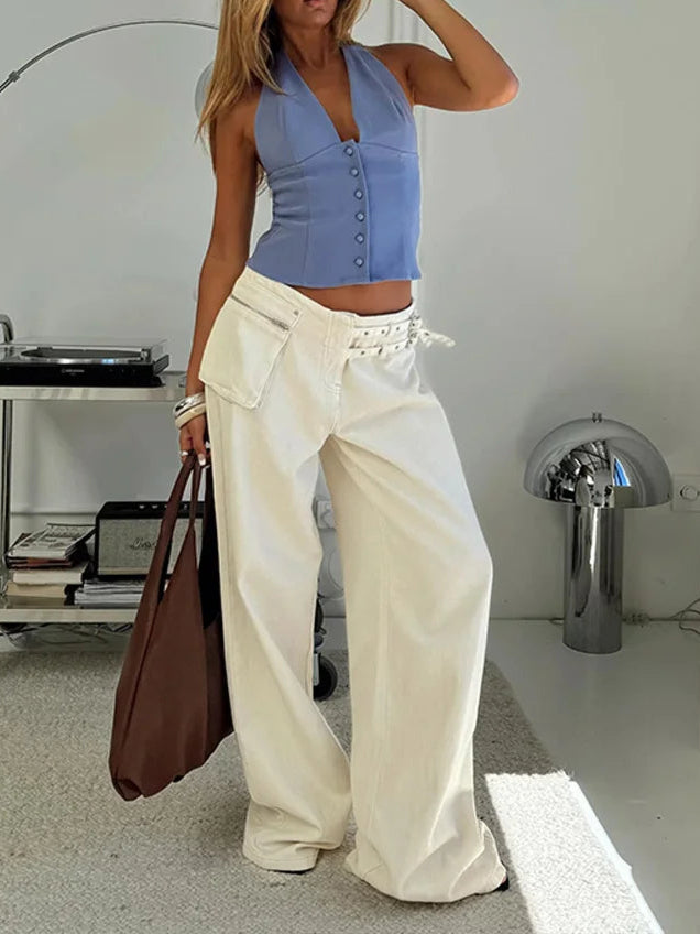 Mid-Waist Wide Leg Denim Pants