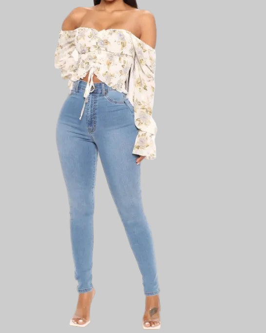 High-Waisted Distressed Denim Pencil Jeans