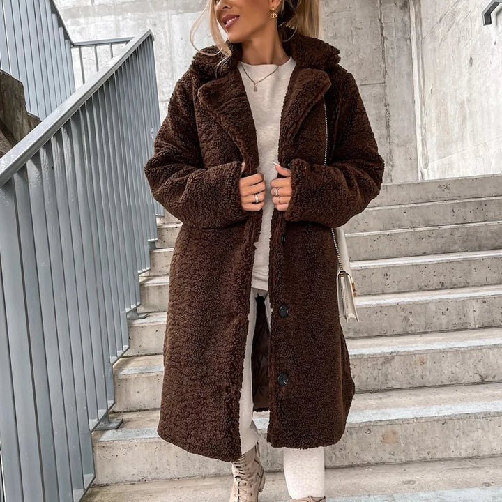 Plush Furry Button-Up Long Coat with Lapel
