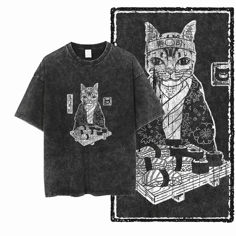 Cat Print Acid Washed Cotton Graphic T-Shirt
