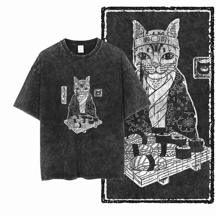 Cat Print Acid Washed Cotton Graphic T-Shirt