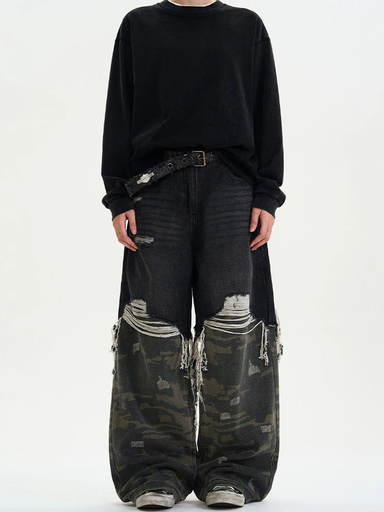Camouflage Spliced Denim Pants