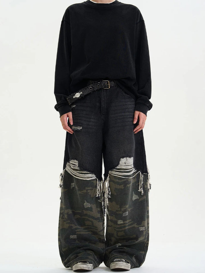 Camouflage Spliced Denim Pants