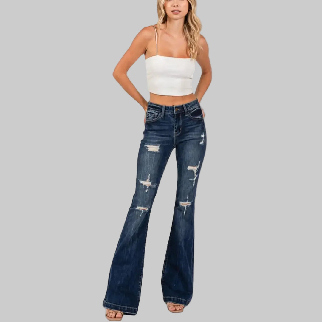 Mid Rise Ripped Flared Bootcut Jeans