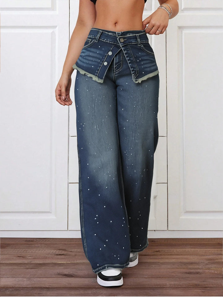 Chic Wide-Leg Jeans with Rhinestone Accents