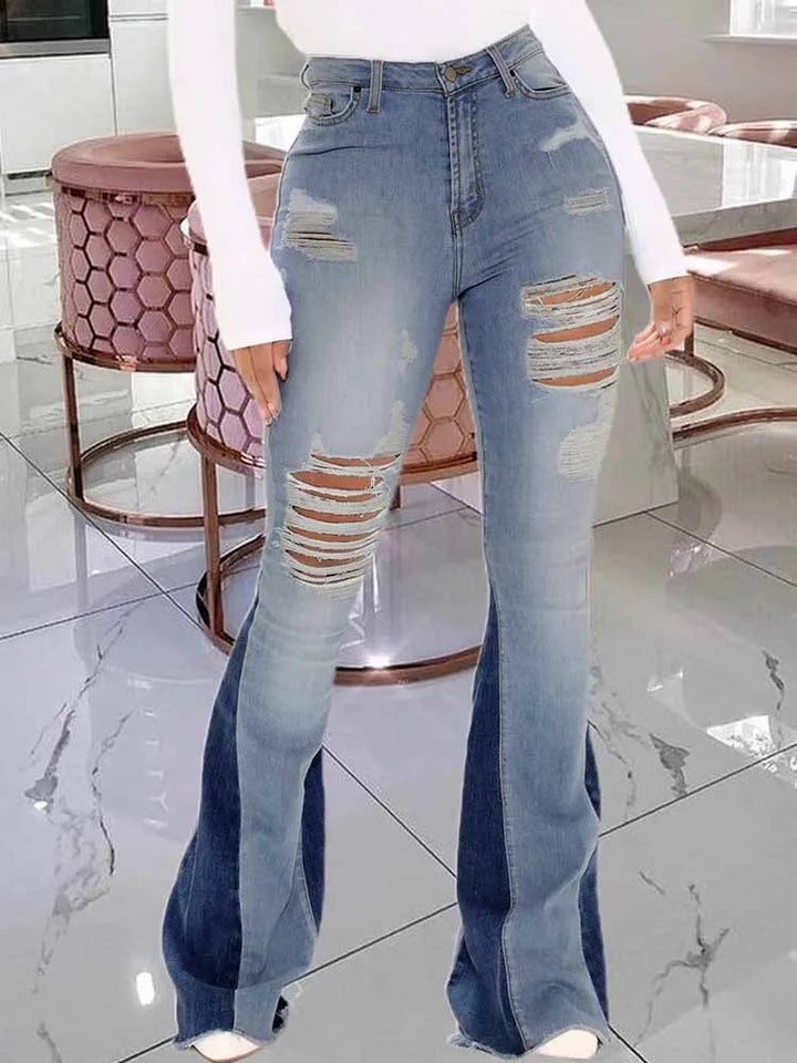 Distressed Patchwork Ripped High Waist Stretch Jeans