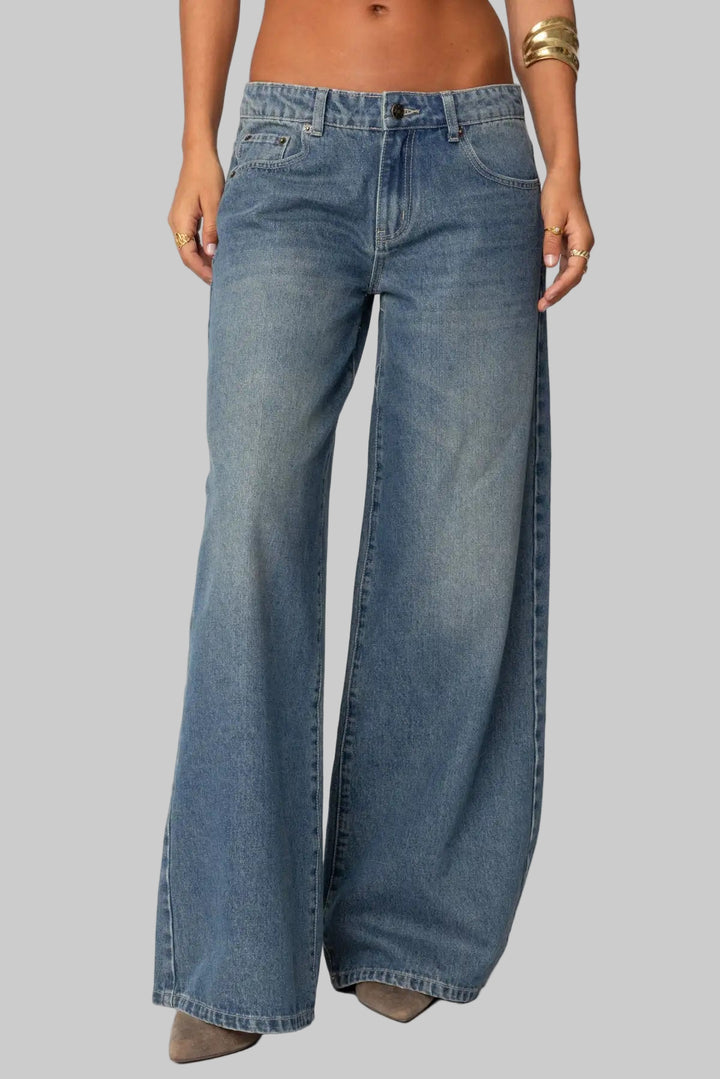 Wide Leg Denim Vintage Bow Print Jeans