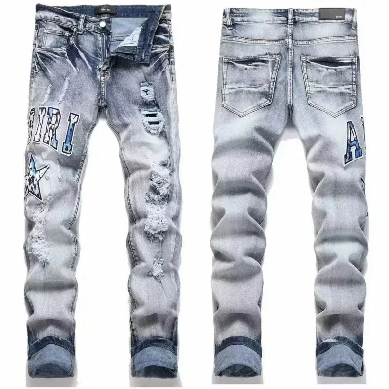 Retro Punk Style Slim Fit Elastic Printed Jeans