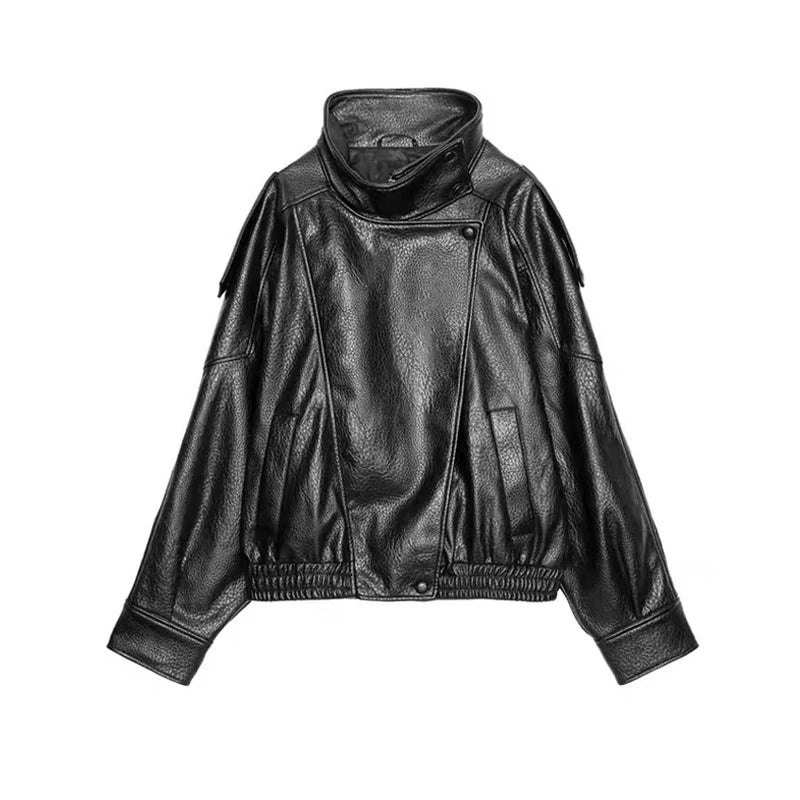 Stand Collar Full Sleeve Button-Up Leather Jacket