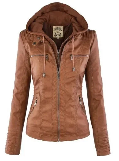 Zipper and Hoodie Faux Leather Motorcycle Jacket