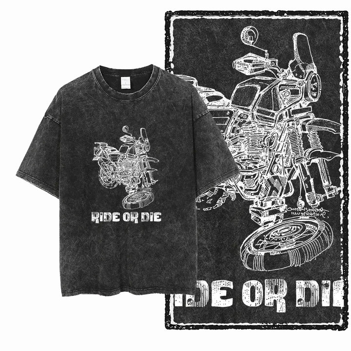 MOTOR CYCLE THEME Printed Cotton Acid Washed Graphic Unisex T Shirt
