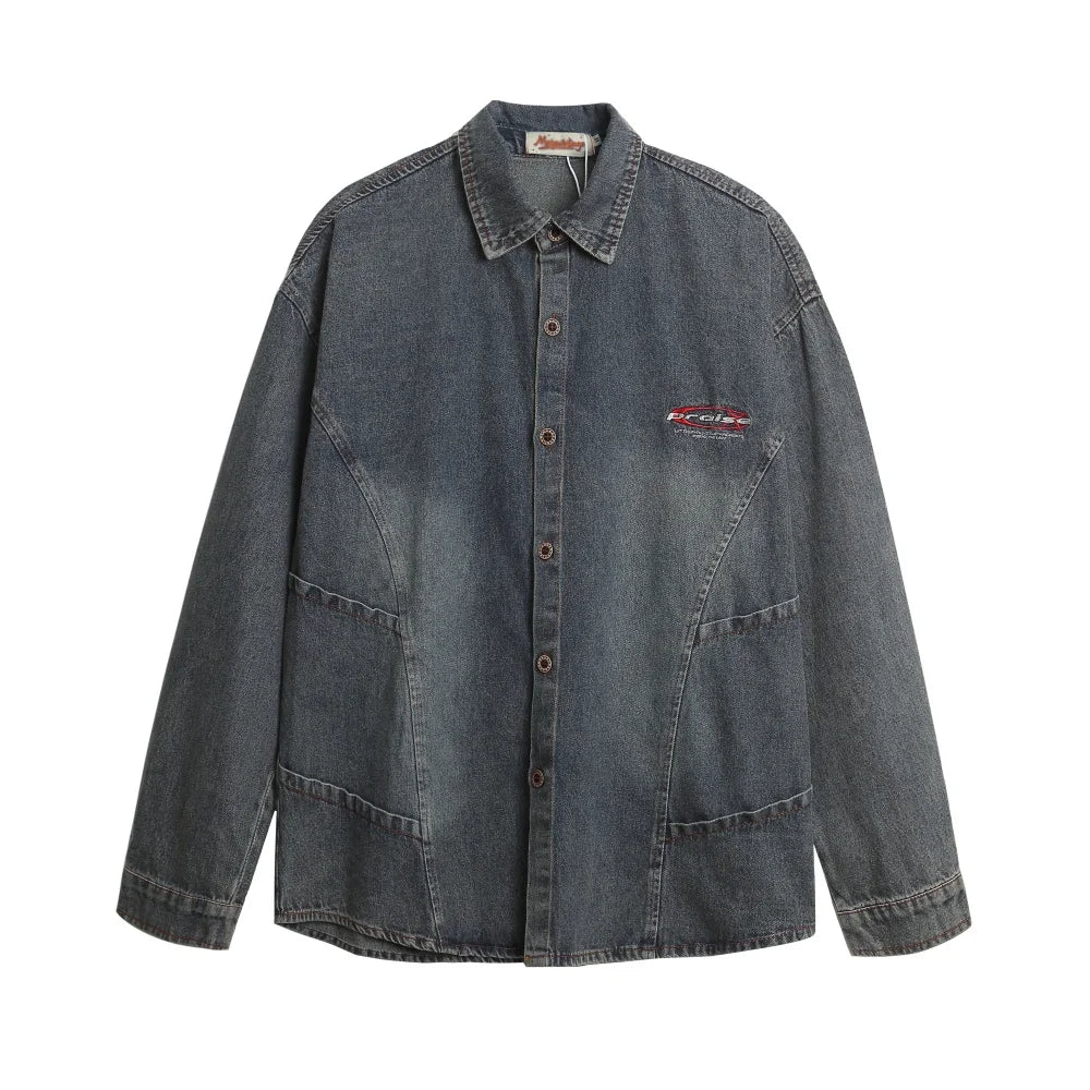 Spliced Retro Distressed Long Sleeve Denim Shirt