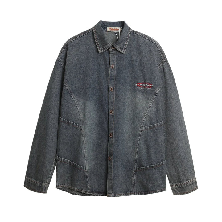Spliced Retro Distressed Long Sleeve Denim Shirt