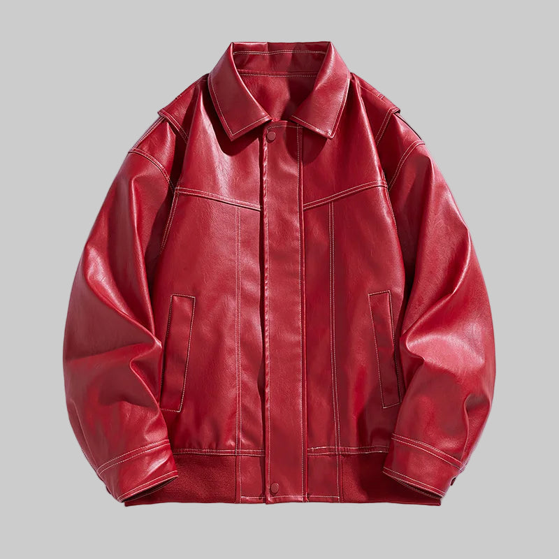 Retro Lapel Collar Loose Fit PU Leather Jacket