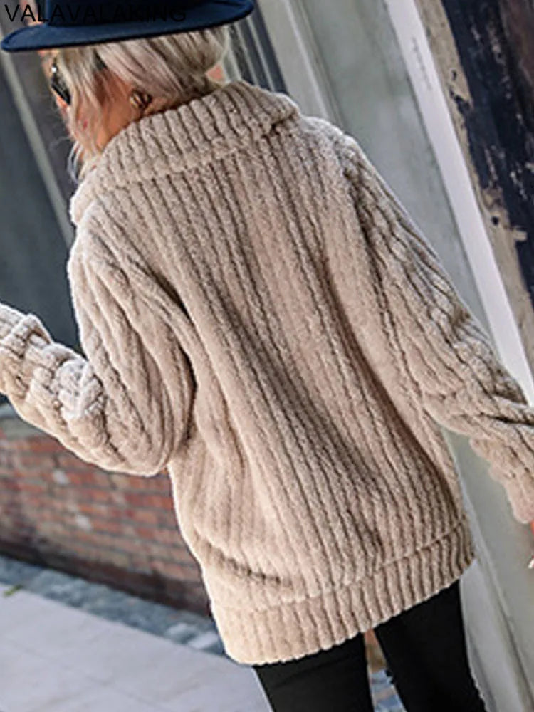 Thick Plush Warm Long Turndown Collar Jacket