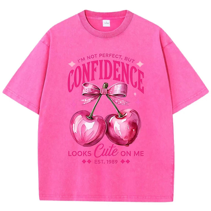 Pink Cherry Print Distressed Cotton T-Shirt