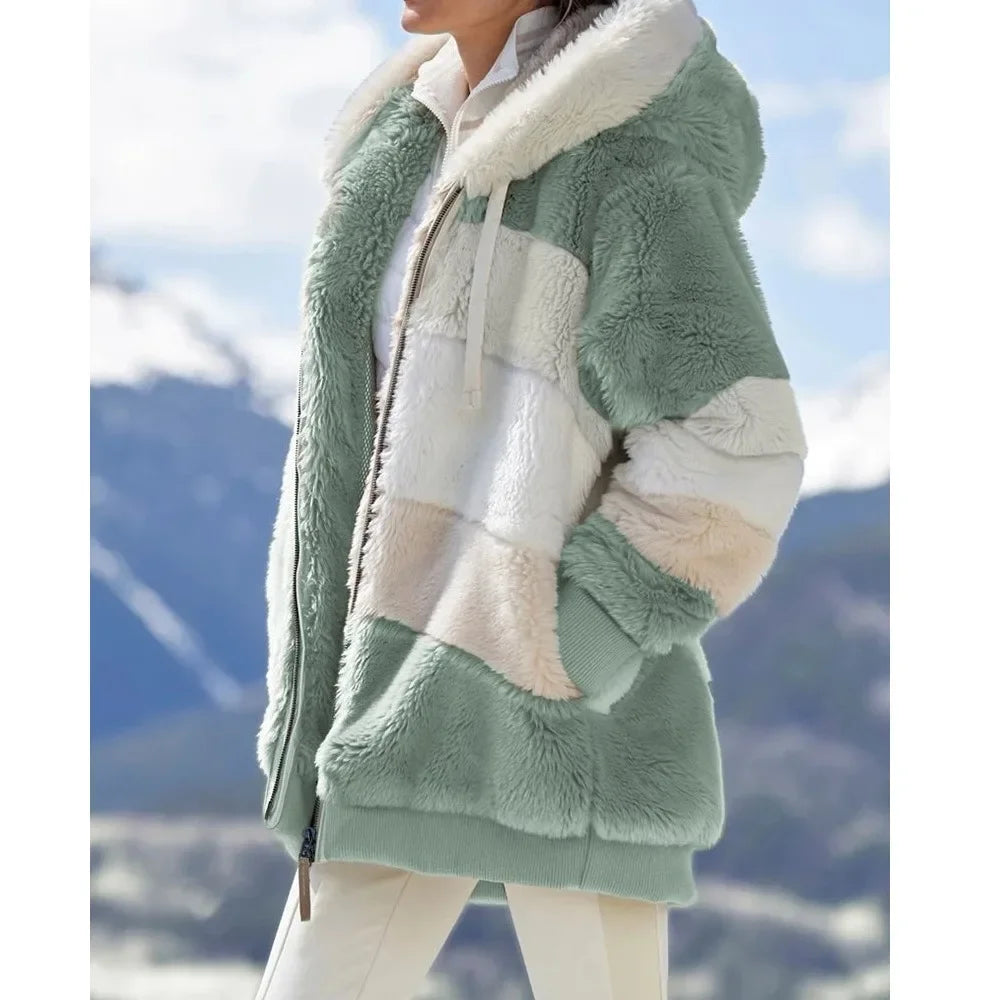 Hooded Thick Cashmere Zippered Plaid Winter Coat