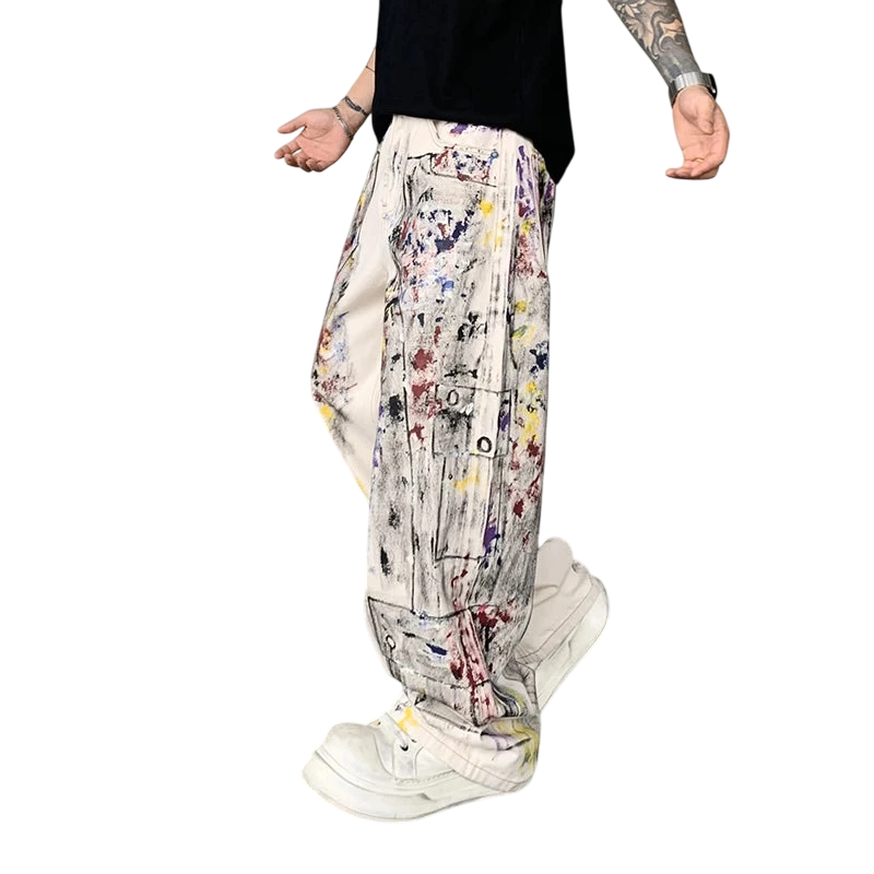 Loose Wide-Leg Contrast Color Graffiti Jeans