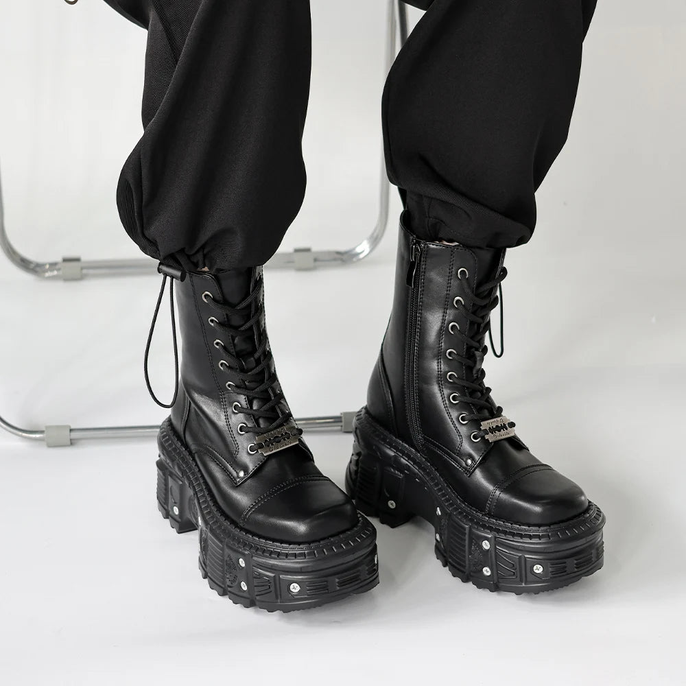 Retro Chunky Platform Ankle Boots with  Metallic Accents