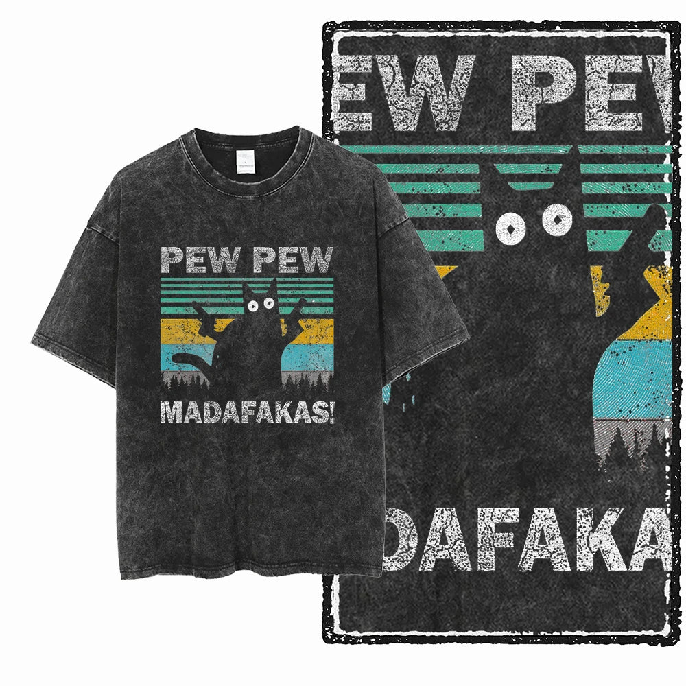 Cat Print Acid Washed Cotton Graphic T-Shirt