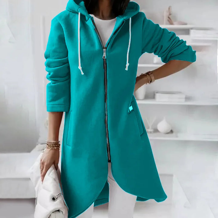 Long Hooded Zip-Up Solid Color Sweatshirt