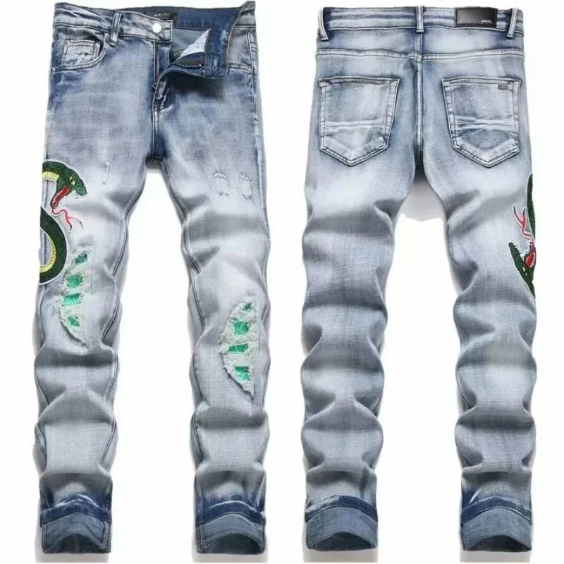 Retro Punk Style Slim Fit Elastic Printed Jeans