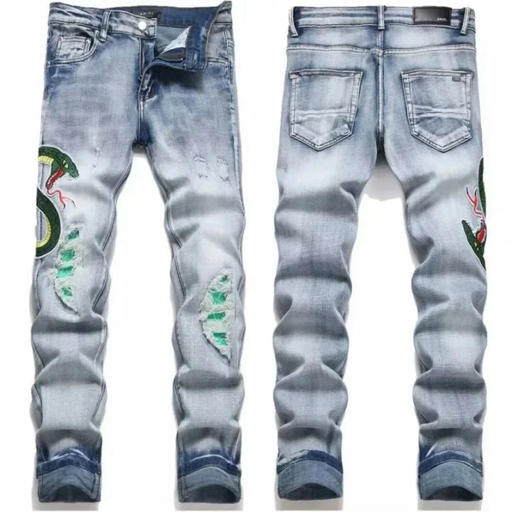 Retro Punk Style Slim Fit Elastic Printed Jeans