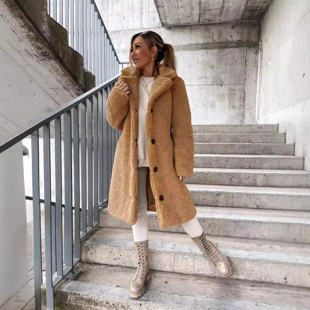 Plush Furry Button-Up Long Coat with Lapel