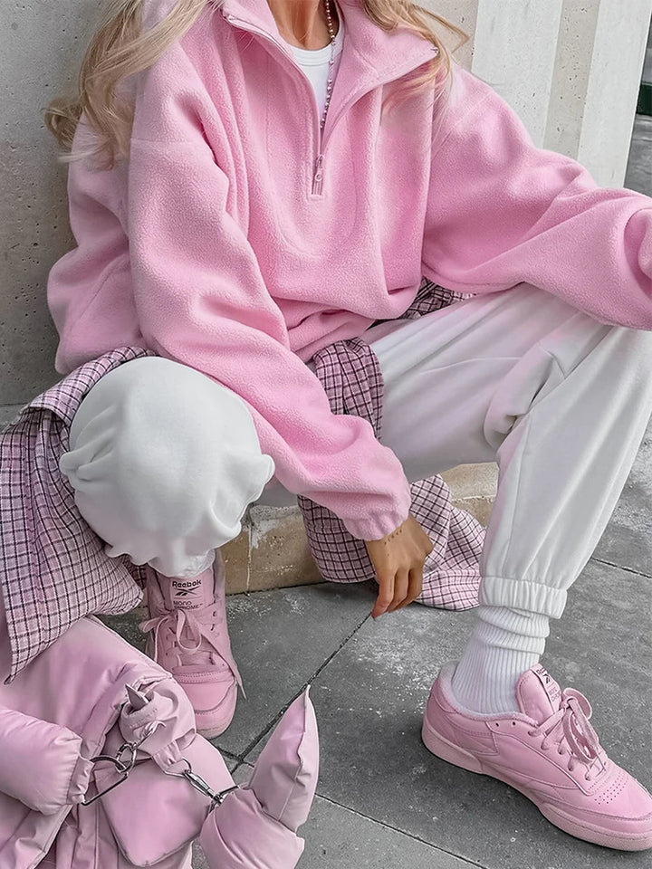 Solid Polar Fleece Hoodie with Zipper Lapel
