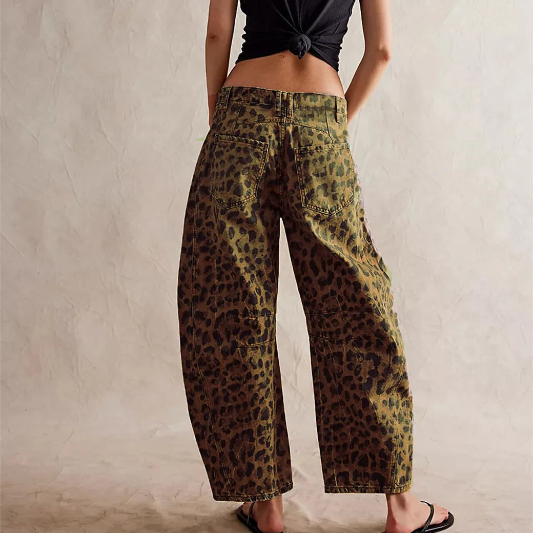 Y2K Leopard Print Barrel Jeans - Mid Rise Wide Leg Baggy