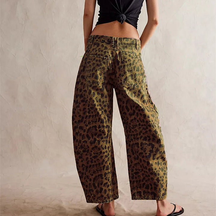 Y2K Leopard Print Barrel Jeans - Mid Rise Wide Leg Baggy