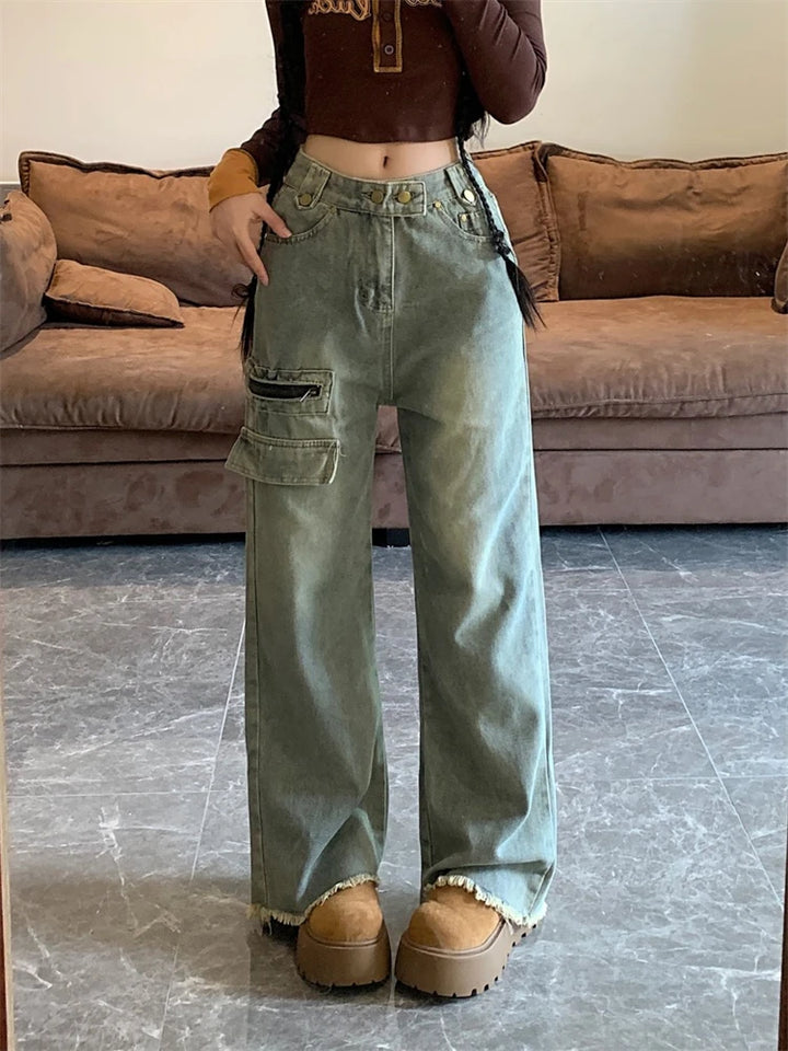 Double Button Wide Leg Retro Jeans
