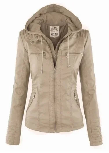 Zipper and Hoodie Faux Leather Motorcycle Jacket