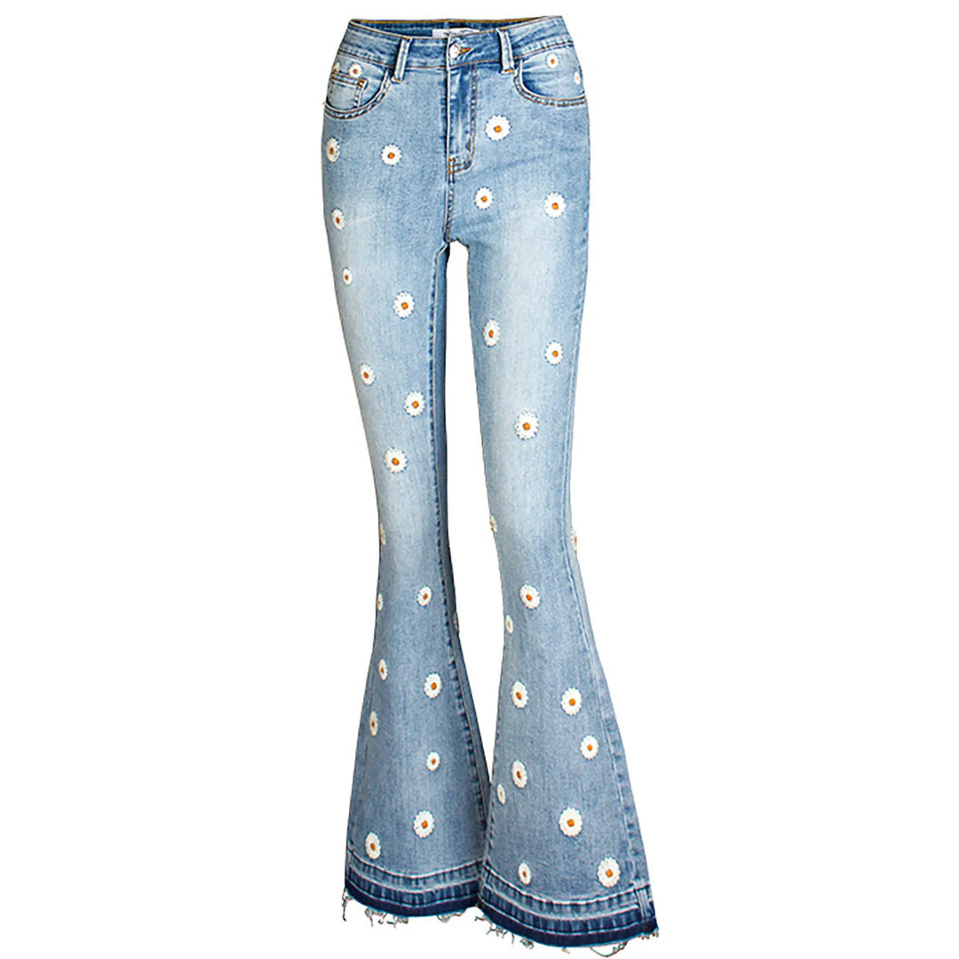 Chic Women's Daisy Embroidered Flared Denim Pants